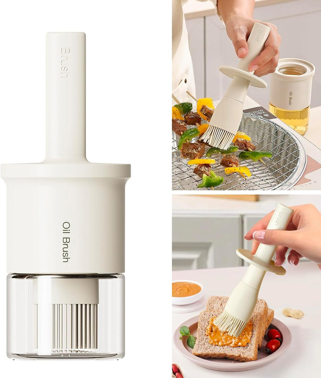 YARRAMATE Oil Dispenser with Brush - 300ml Glass Bottle for Kitchen | Silicone Basting Brush in Creamy White