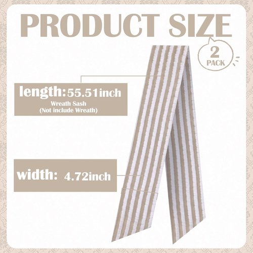 Brown Wreath Sash - 2 Pcs Rustic Seersucker Sashes for Embroidery Monogram Home Decor | 60 Inch Boho Stripe