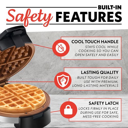 Gourmia Belgian Waffle Maker – Adjustable Browning Control, Nonstick Plates, Ready & Power Indicator Lights, Compact Upright Storage, Cool-Touch Handle