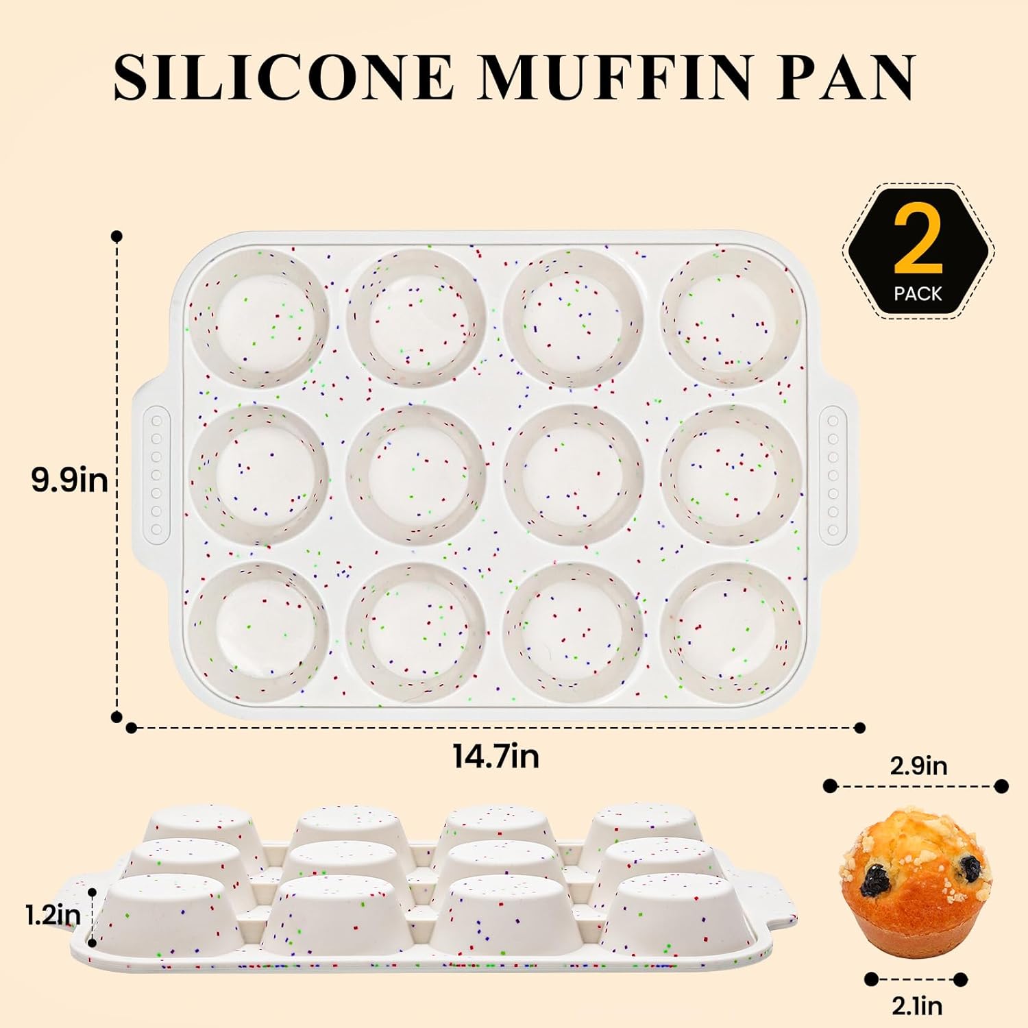 Vinino Silicone Muffin Pan - 2-Pack Nonstick Baking Tray with Metal Reinforced Frame | 12 Cups, BPA Free