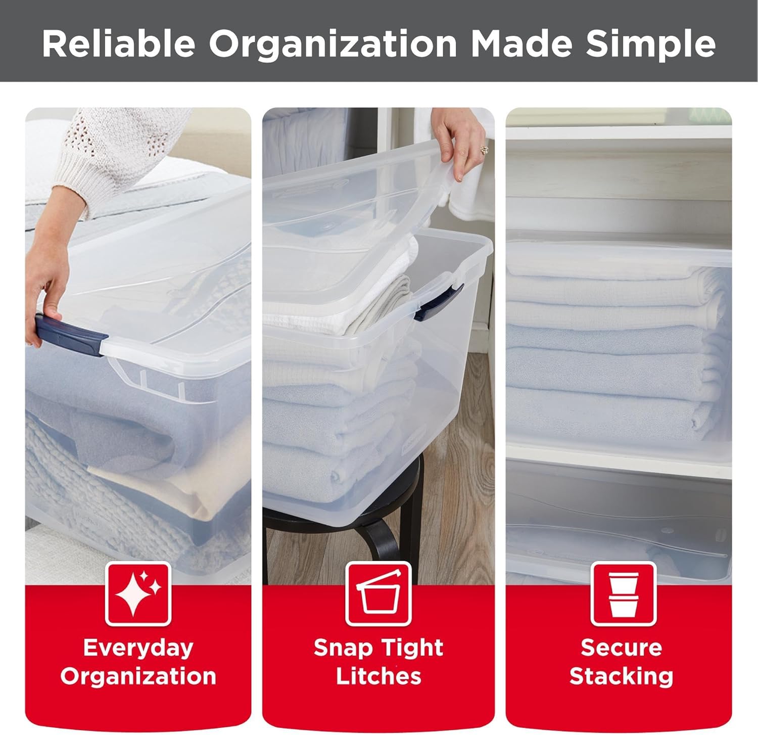 Rubbermaid Cleverstore 95 Qt Clear Storage Bins - Stackable, BPA-Free, 4-Pack, Made in USA