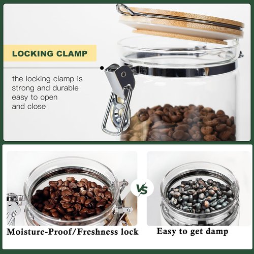 KKC HOME ACCENTS Airtight Borosilicate Glass Loose Leaf Tea & Coffee Beans Storage Jars with Bamboo Clamp Lid & Scoop - Glass Storage Canisters for Brown Sugar, Matcha, Pantry Organization - 27 Fl.Oz