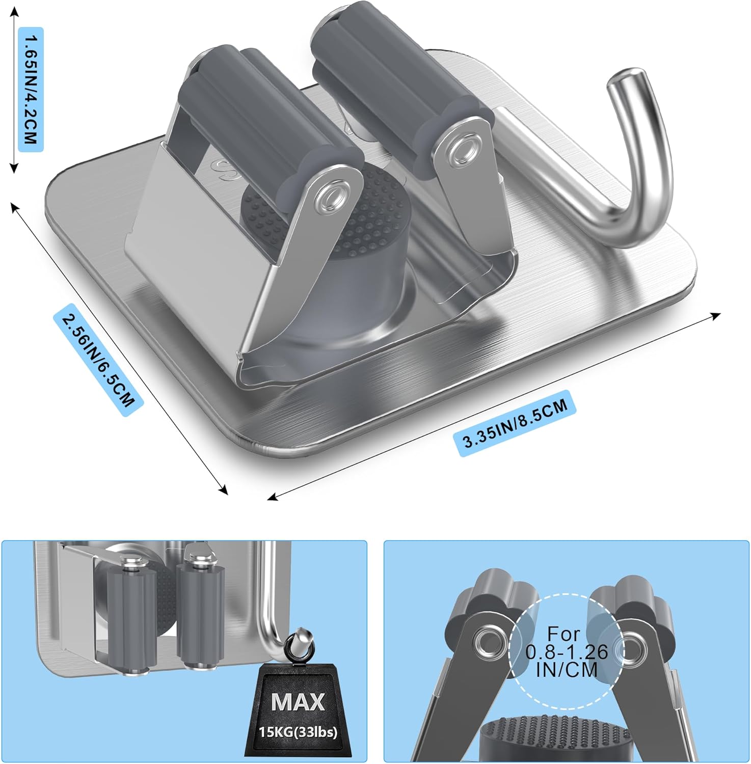 Skiennix Stainless Steel Mop & Broom Gripper - Wall-Mounted Holder for Closet & Garage | 4 Pack, Silver