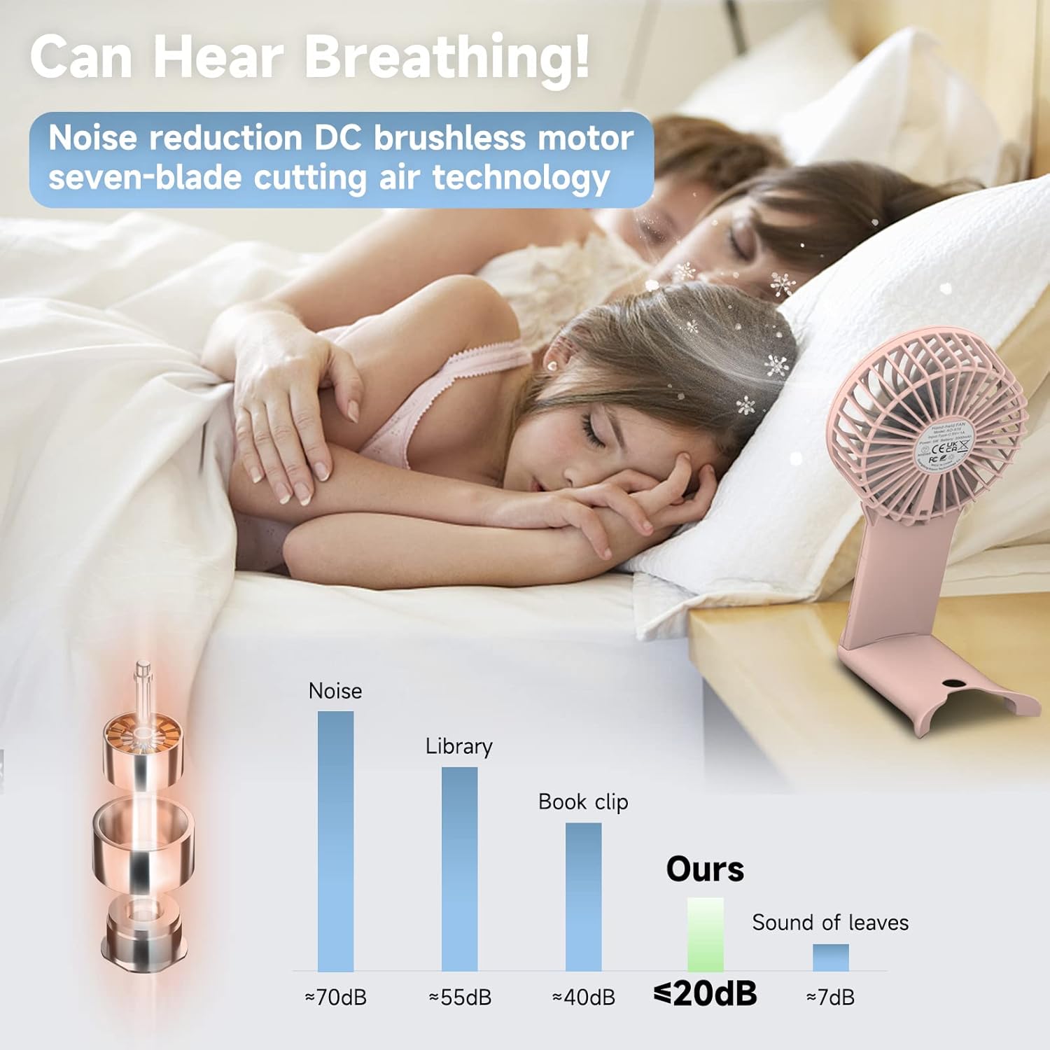QQT Mini Handheld Fan - 4 Speed Adjustable USB Rechargeable Portable Fan with Mirror | Pink, 20-Hour Battery Life
