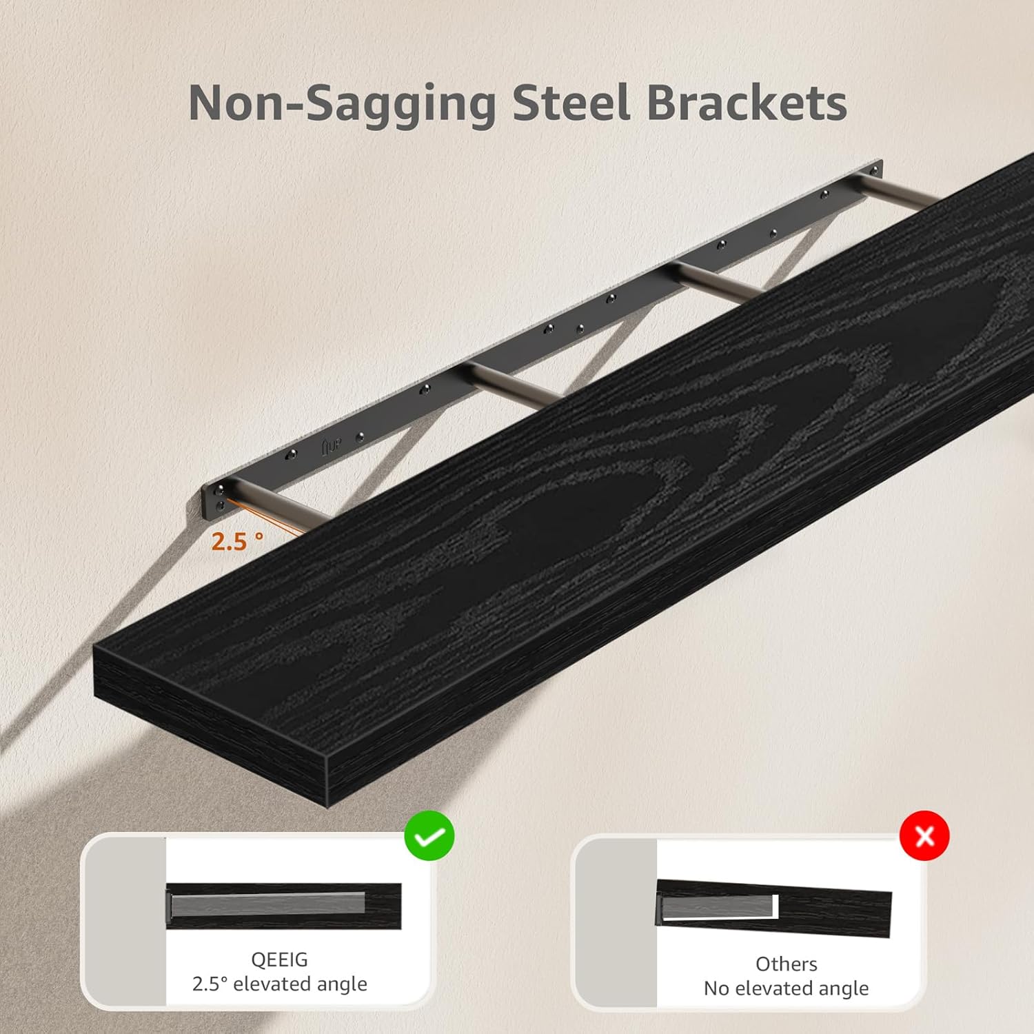 QEEIG Floating Shelves - Extra Long Wall Mounted Shelf Set of 2 for Home Decor | 55.1 x 9.3 Inch, Black