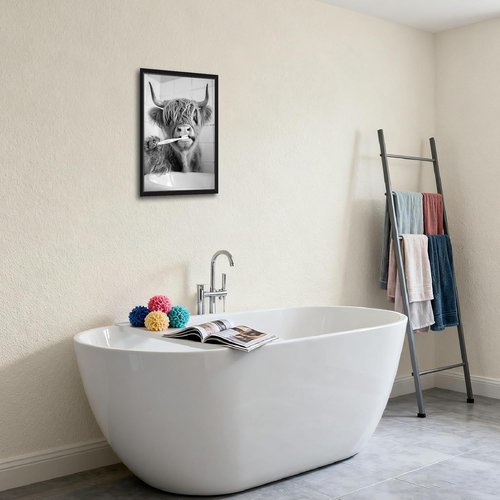 Highland Cow | Framed Funny Bathroom Wall Art - Black & White Modern Farmhouse Decor | 12x16in
