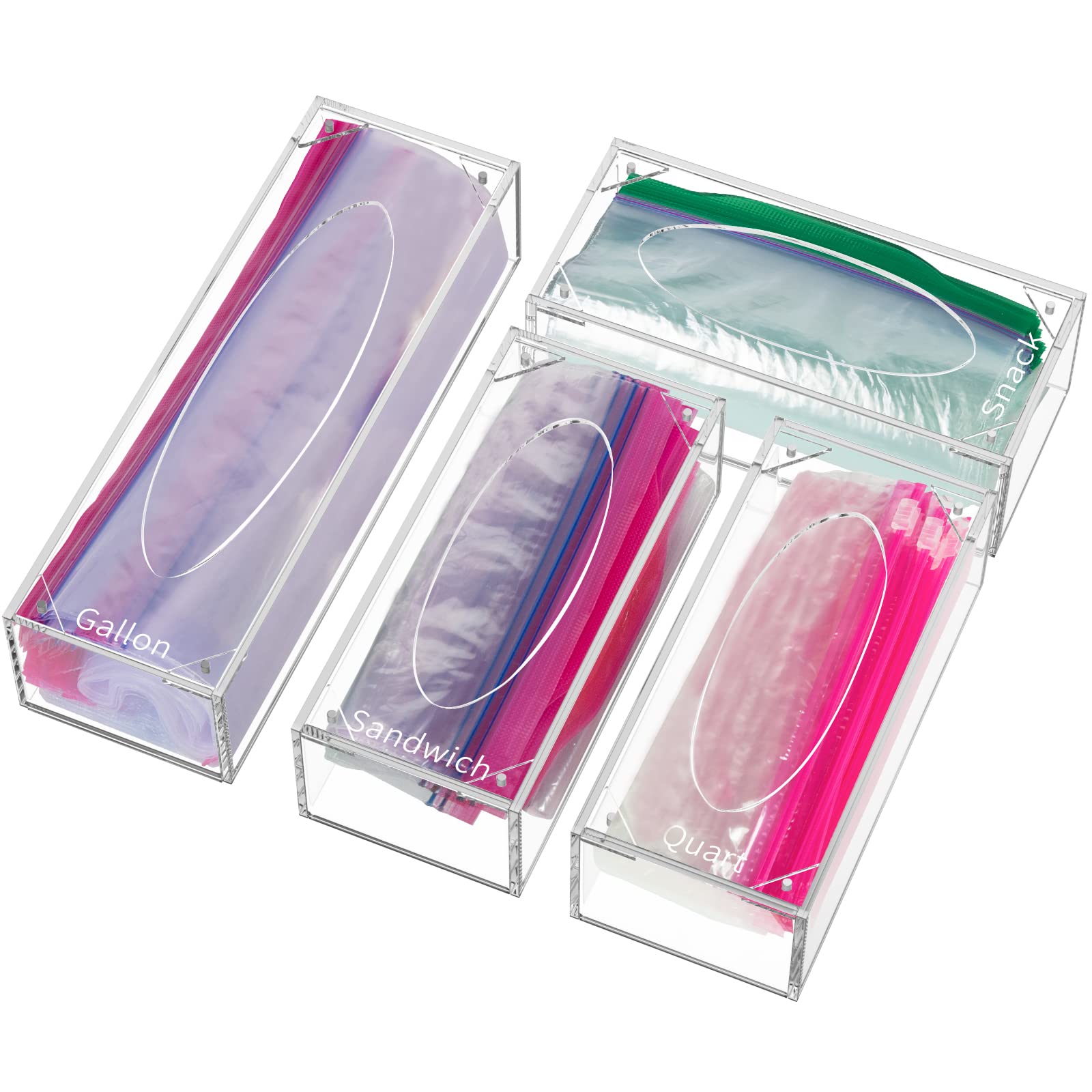 FEMELI Food Bag Storage Organizer, Acrylic Kitchen Drawer Baggie Box, Compatible with Gallon, Slider Quart, Freezer, Sandwich, Snack, Variety Size Bags, 4 separate Pack(Clear)