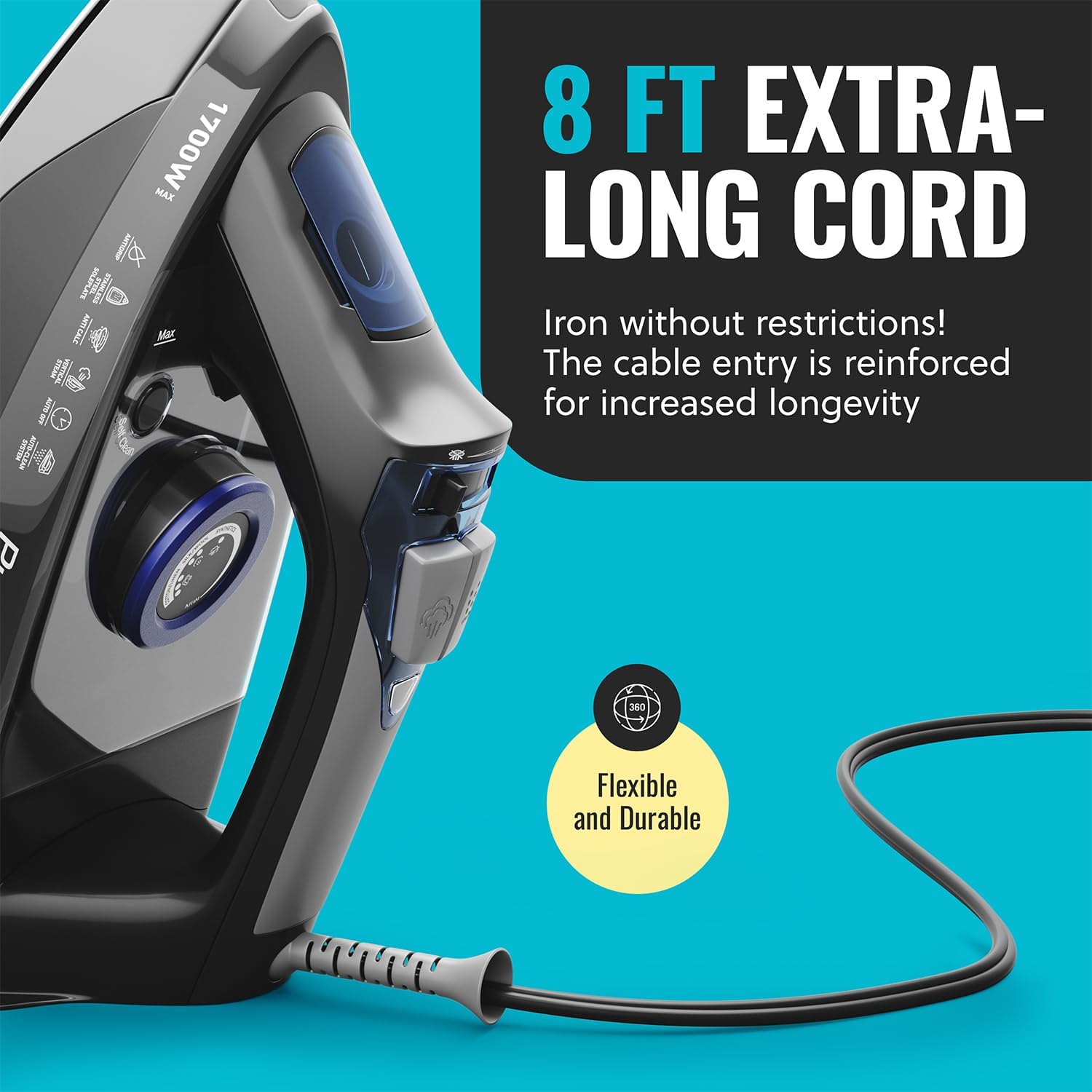 Pursteam Steam Iron - 1700W Self-Cleaning Nonstick Stainless Steel Soleplate | Auto Shutoff & Anti-Drip
