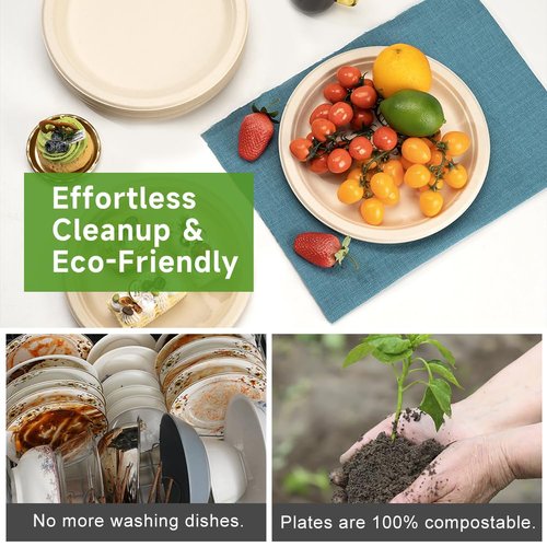 RACETOP Compostable Paper Plates 10 Inch [500 Pack], Disposable Biodegradable Heavy Duty Paper Plates, Made of Natural Sugarcane Fibers, Unbleached Brown, Round
