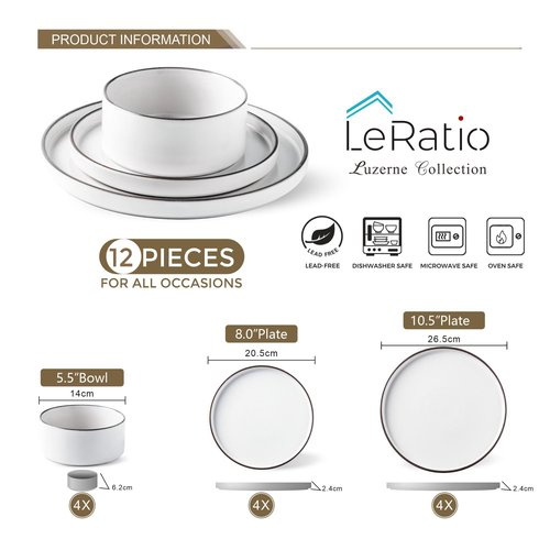 LERATIO Ceramic Dinnerware Sets for 4, High Edge Stoneware Plates and Bowls Set, Chip and Crack Resistant | Oven & Dishwasher & Microwave Safe Dishes Set, Service for 4