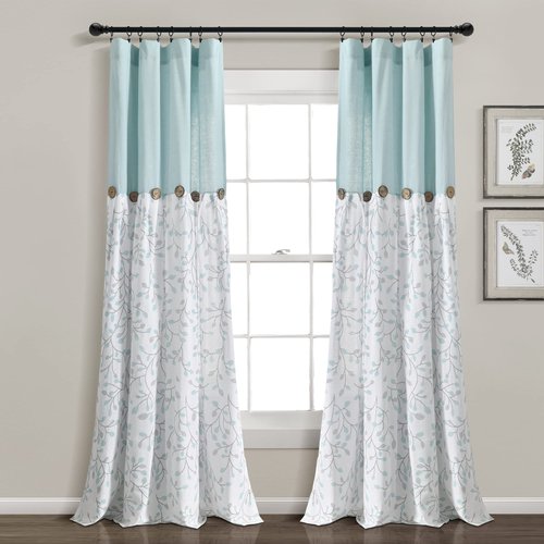 Lush Decor Linen Button Botanical Garden Window Curtain Panel Single 40" W x 84" L Blue & Gray - Farmhouse Curtains for Bedroom - Living Room Curtains