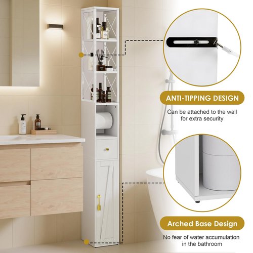 VECELO Storage Cabinet, 67" Tall Narrow Bathroom Cabinet with X-Frame Metal Design, Toilet Paper Holder, Magnetic Door & Drawer, for Small Spaces, Pearl White