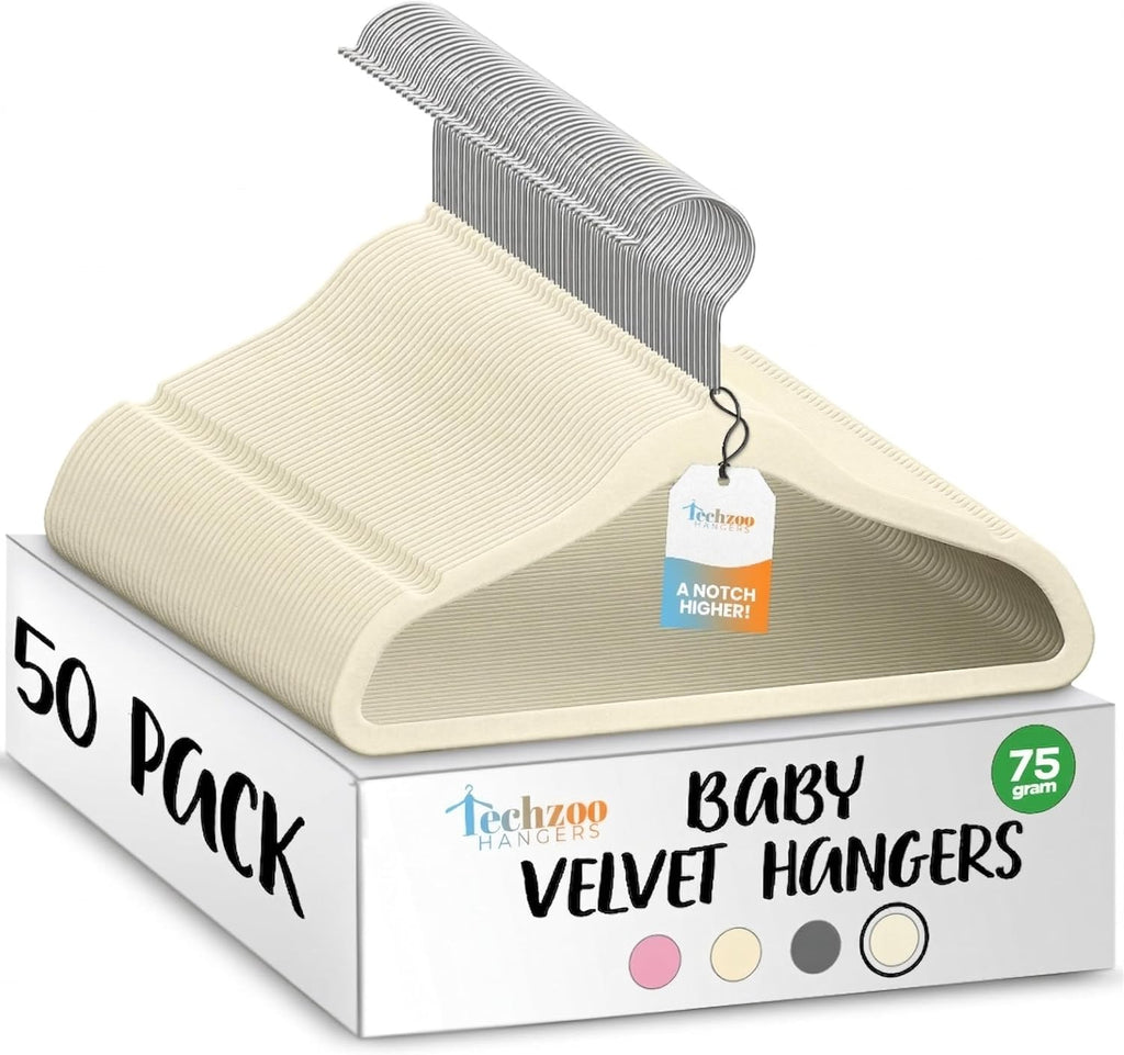 TechZoo 50 Premium Baby Velvet Hangers - Non-Slip, Ultra-Slim Space-Saving Design - 360° Swivel Hook, Ivory
