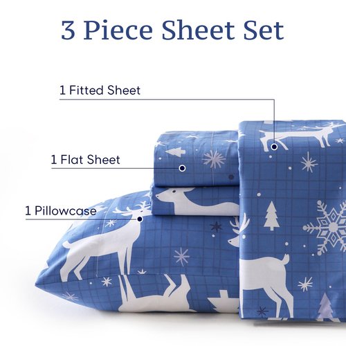 JSD 100% Cotton Sheet Set Queen Size 300 Thread Count, Blue Buffalo Plaid Deer Snowflakes Sateen Bed Sheets Deep Pocket