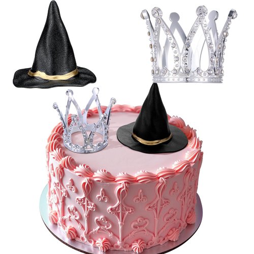 Burbell 2 Pack Witch Hat and Crown Cake Topper, Mini Wizard Hats Crown Cupcake Decorations for Birthday Party Supplies(Classic Style)