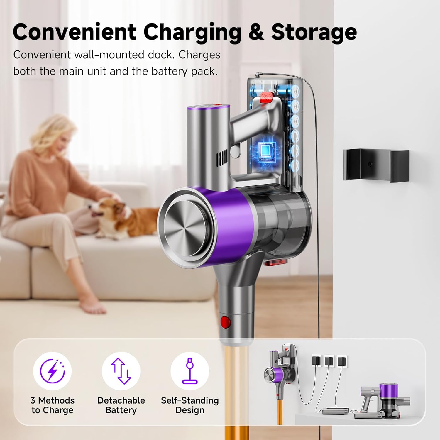 Skiennix Cordless Stick Vacuum Cleaner - 40Kpa Powerful Suction with LED Headlight | 8-in-1 Lightweight for Pet Hair & Hard Floors - Purple