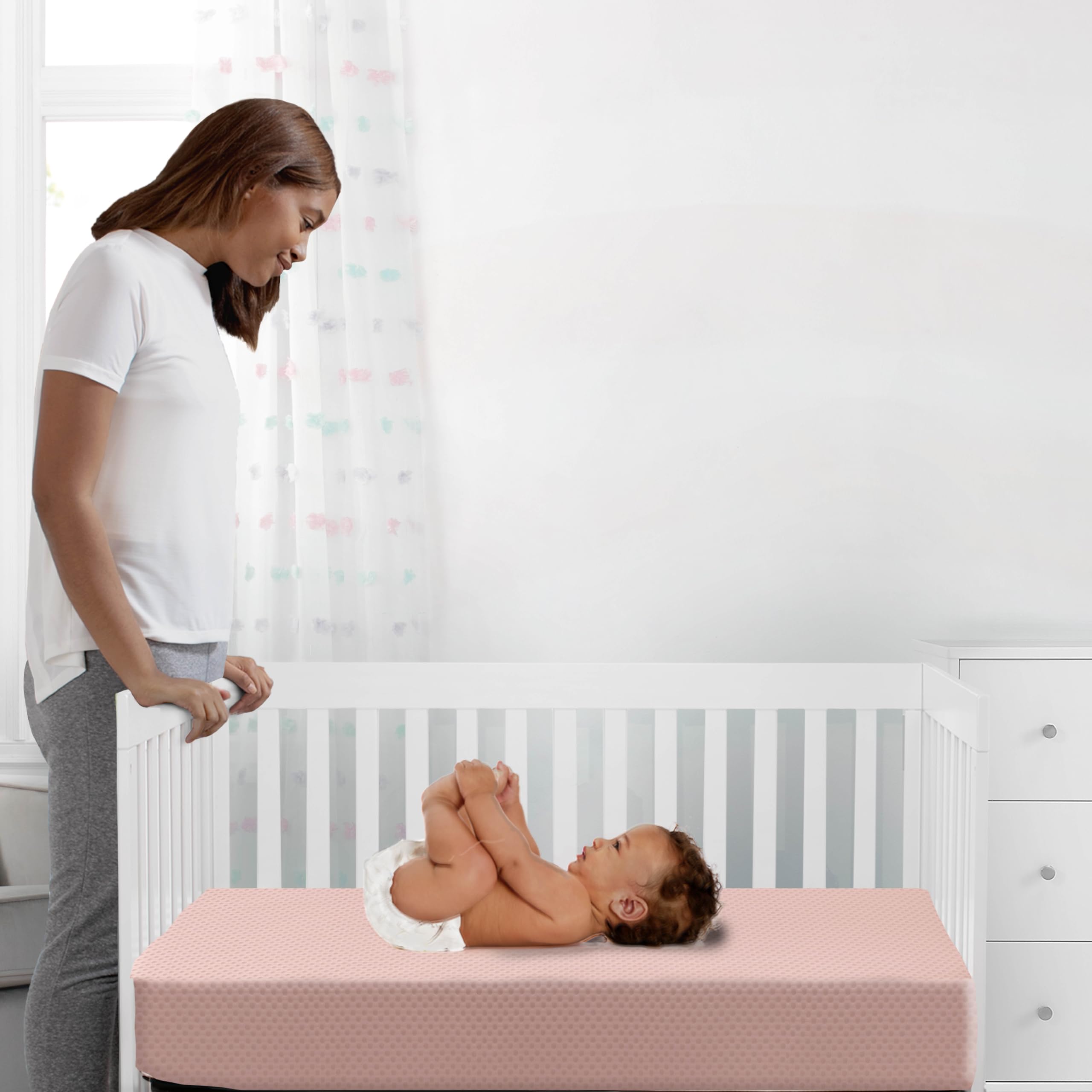 Delta Children Twinkle Stars Breathable 4-inch Mini Crib Mattress with Removable/Machine Washable Cover - GREENGUARD Gold – Waterproof - Sustainably Sourced Core Fiber Core, Pink