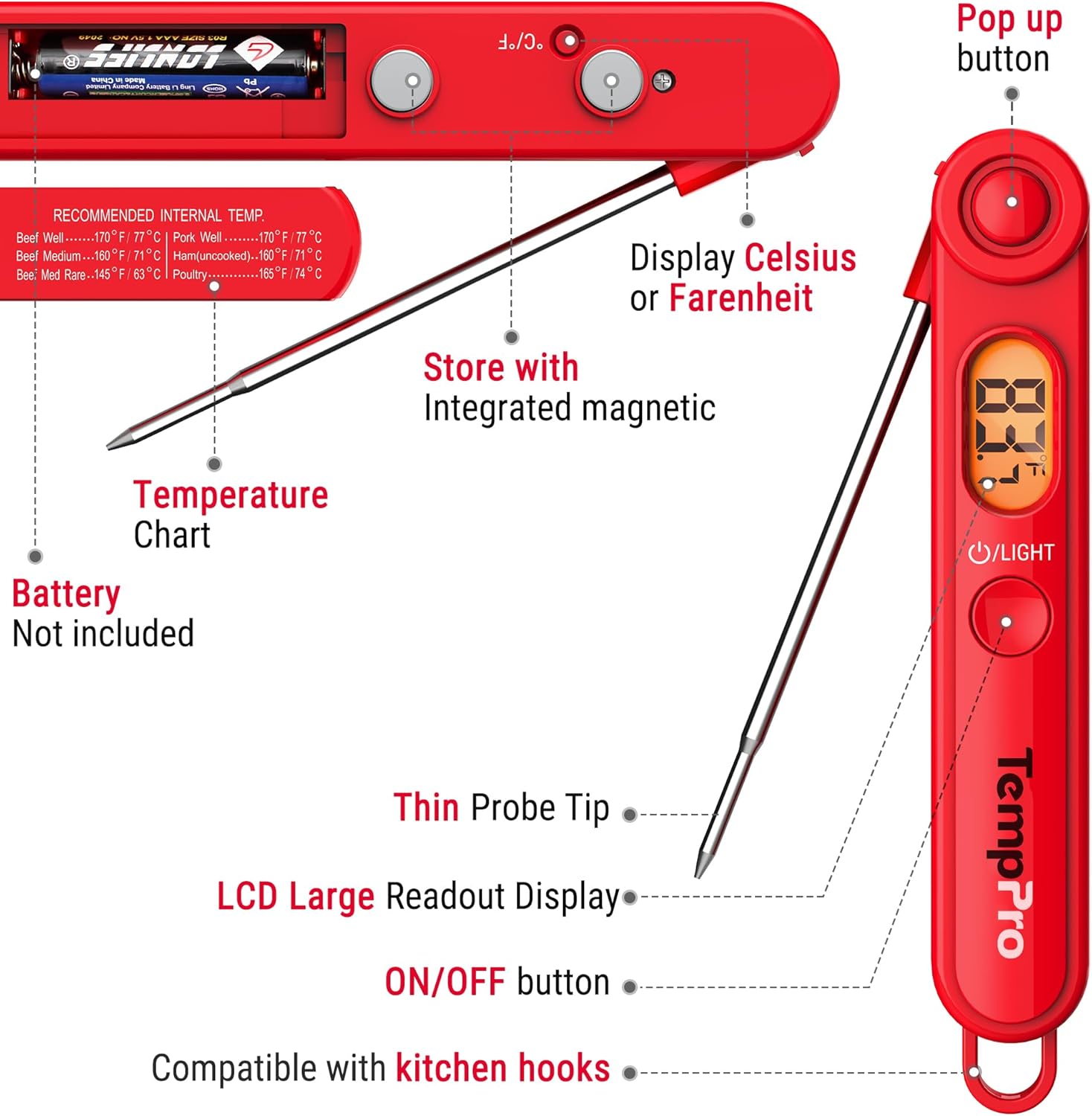 TempPro TP03B Digital Meat Thermometer - Instant Read with Backlight for Cooking, BBQ & More