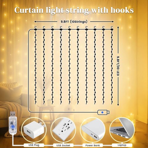 DomeStar 300 LED Curtain Lights - 9.8 x 9.8 FT Fairy Lights with 8 Modes Remote | Warm White Ambient Decor