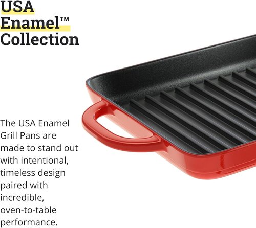 Lodge Enamel Cast Iron Grill Pan - 12.5 x 8 Inch with Dual Assist Handles - Versatile for Oven, Stove, Grill & Campfire - Red