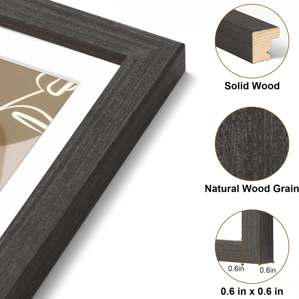 Vittanly Picture Frame - Solid Wood with Plexiglass & 6x8 Mat | Charcoal Black, 8.5x11 Size