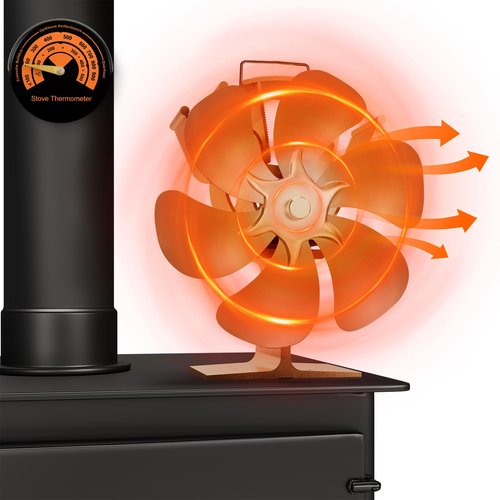 TCFUNDY Heat Powered Wood Stove Fan, 6-Blades Fireplace Fan Non Electric for Warm Air Circulation, Stove Fan with Magnetic Thermometer for Wood Burning Stove, Pellet, Log, Silent Operation, Golden