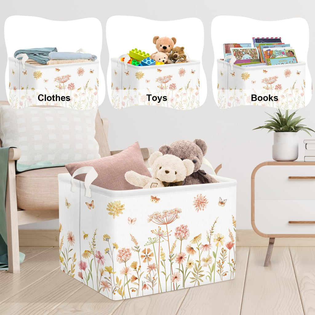 Clastyle Boho Flower Nursery Bin Spring Summer Wildflower Floral Dandelion Plant Butterfly Baby Girl Gift Basket Rectangle Clothes Towel Basket Book Toy Chest