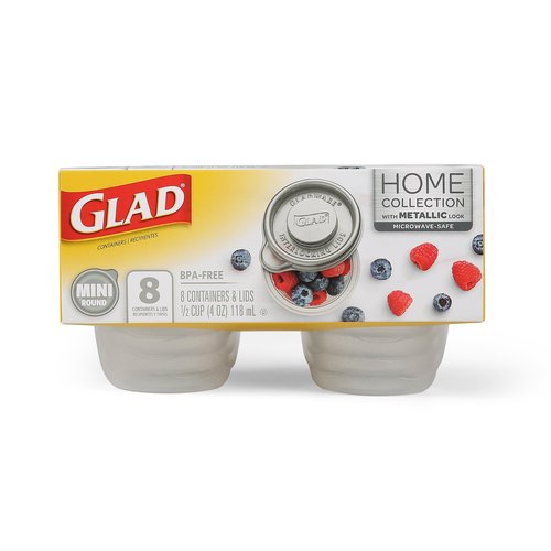 Glad GladWare Home Collection Mini Round Food Storage Containers, Small BPA Free Plastic with Silver Metallic Lid, Snack and Portion Control Containers, Microwave Dishwasher Safe, 4 Oz, 8 Count