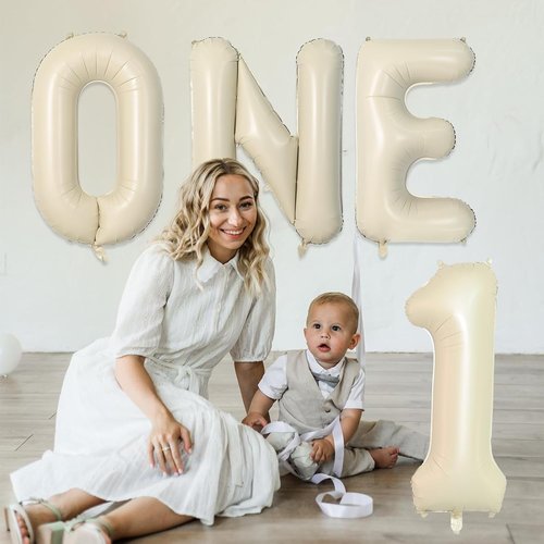 Biapian 40 Inch Cream ONE Foil Balloons - Giant Aluminum Balloons for 1st Birthday Party Decor
