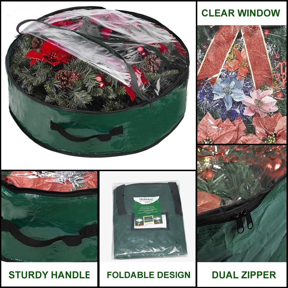 Propik Christmas Wreath Storage Bag - 36" Tear-Resistant Holiday Container with Clear Window - 2 Pack, Green