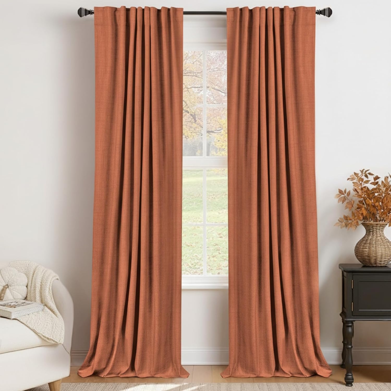 Skiennix 100% Blackout Linen Curtains - Thermal Insulated Drapes for Bedroom | 50" W x 96" L, Burnt Orange