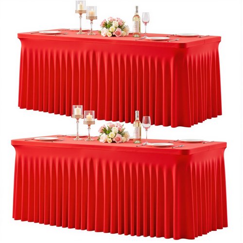 2 Pack Red Table Cloth for 8 Foot Rectangle Tables Spandex Fitted Tablecloth 8ft Stretch Table Covers Skirt Red Banquet Tablecloths Wrinkle Free Tablecloth for Party Wedding Birthday Event