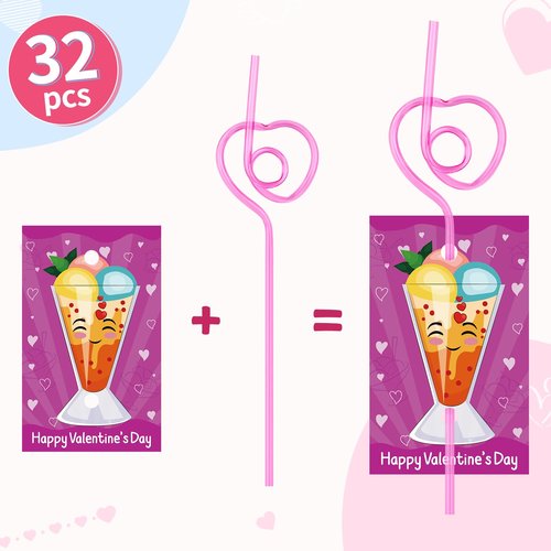 32 Pack Valentines Day Straws with Valentines Day Cards for Kids, Coloful Crazy Loop Reusable Drinking for Kids Girls Boys School Classroom Exchange Gifts Prizes, Valentine Party Favors