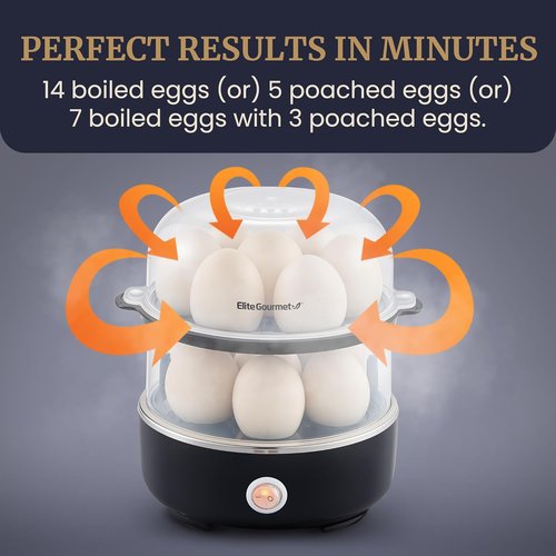 Elite Gourmet Easy Egg Cooker - Stainless Steel, Two-Tiered, 14-Egg Capacity, Auto Shut-Off, Black