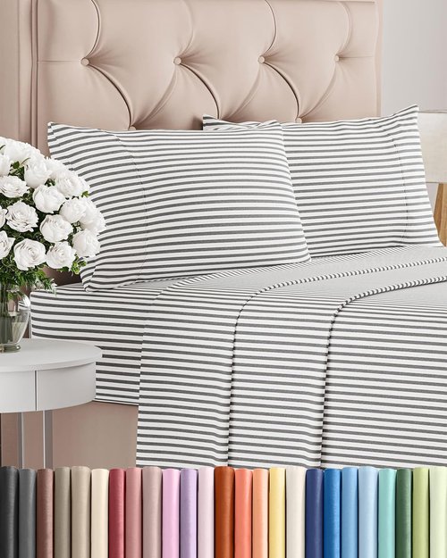 King Size 4-Piece Sheet Set - Comfy Cooling Bed Sheets for All Ages - Soft, Wrinkle-Free Grey Stripes | Oeko-Tex Certified