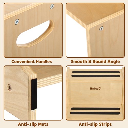 Bateso Step Stool for Kids, Wooden Toddler Step Stool with Non-Slip Mats for Bathroom Sink and Kitchen, Potty Training Stool with Handles for Toilet