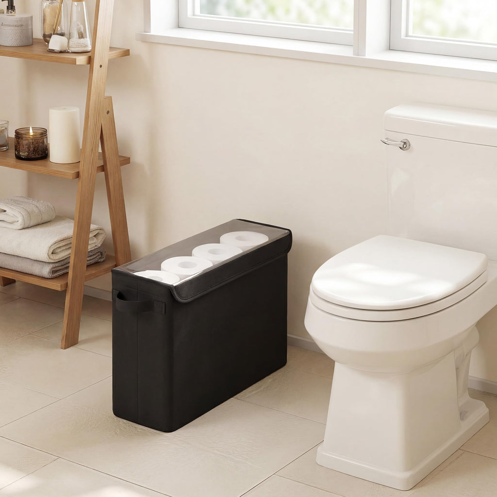 Cupic Cupid Toilet Paper Storage Baskets, Bathroom Toilet Paper Storage with Lid, Holds 12 Regular or 9 Mega Rolls, Slim Toilet Tissue Holder Basket with Clear PVC Lid and Handles, Black
