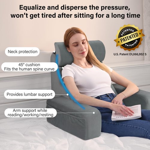 ENITYA 19" Back Support Pillow,Reading Pillow with Attached Arms & Large Pockets, Removable Washable Cover, Wedge for Sitting,Reclining,Watching TV,Post Surgery in Bed,Couch or Floor,Medium Firm,Grey