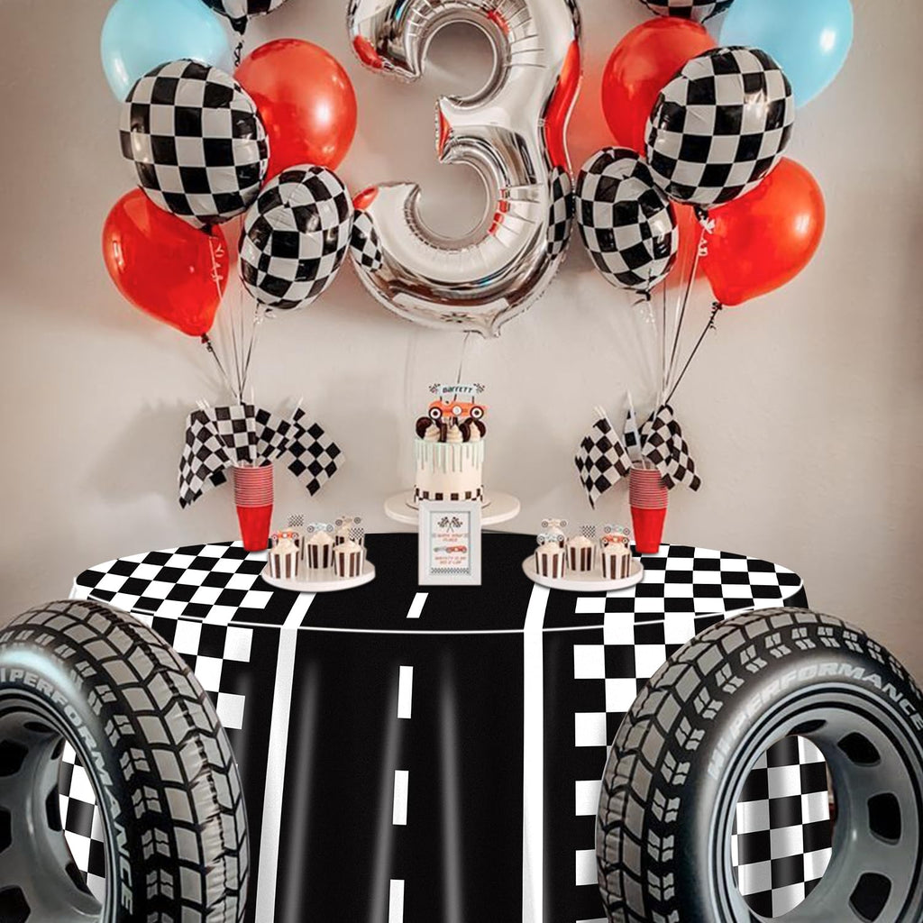 PIXHOTUL Racing Car Tablecloths for Round Table, Plastic Black Racetrack Tablecover for Kid's Birthday Racing Car Theme Party Fast One Two Fast Party, 84 x 84in