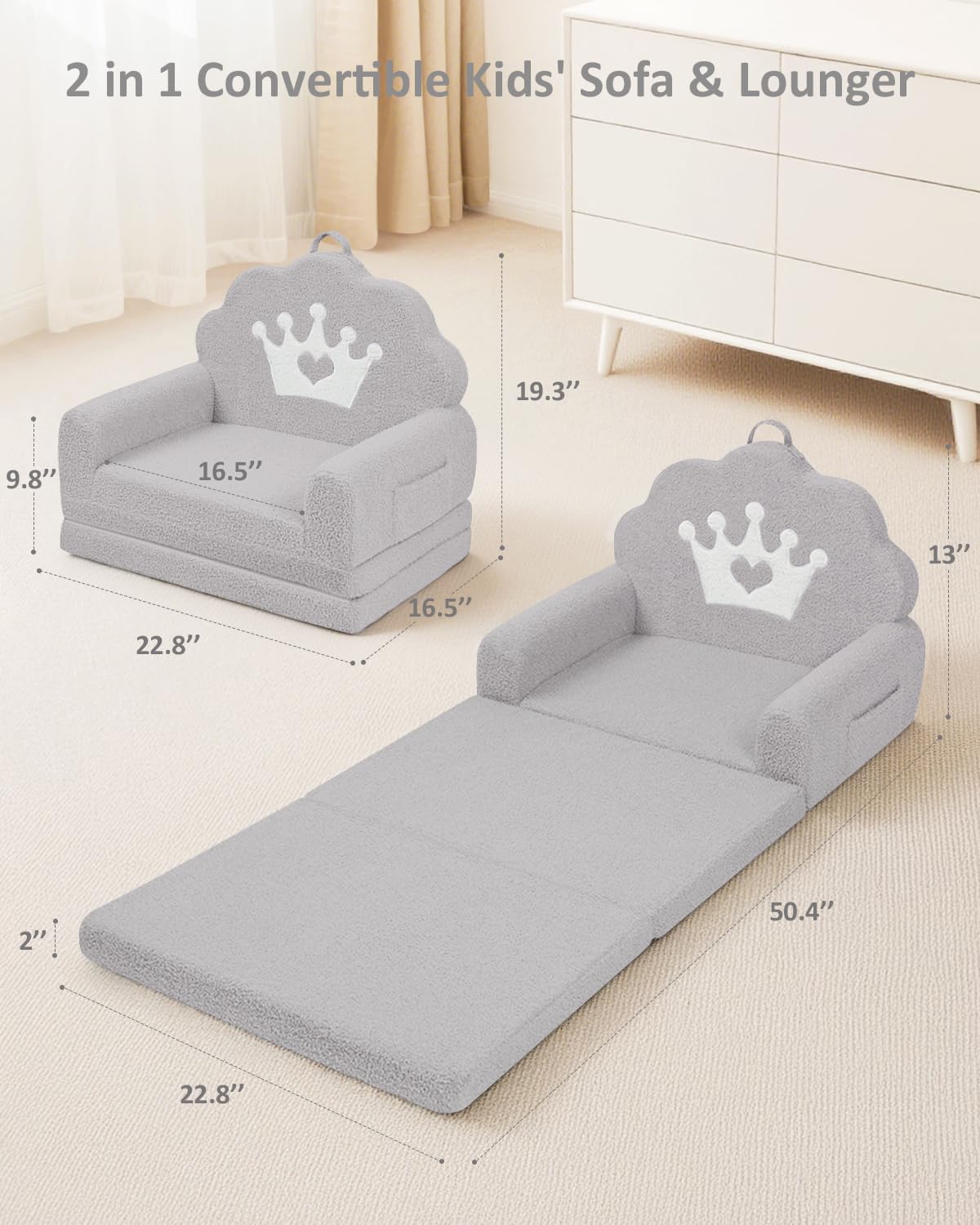 PIIKAGO 2-in-1 Kids Couch Fold Out, Soft Teddy Sherpa Toddler Couch with Crown Design, Convertible Kids Sofa to Lounger for Nap & Playtime, Cozy Children's Furniture for Boys & Girls, Grey