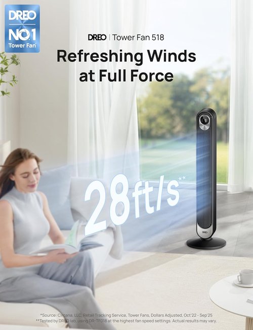 DREO Bladeless Tower Fan - 28 ft/s Quiet Oscillating Design | 9 Speeds, Remote, 12H Timer, 42 Inch