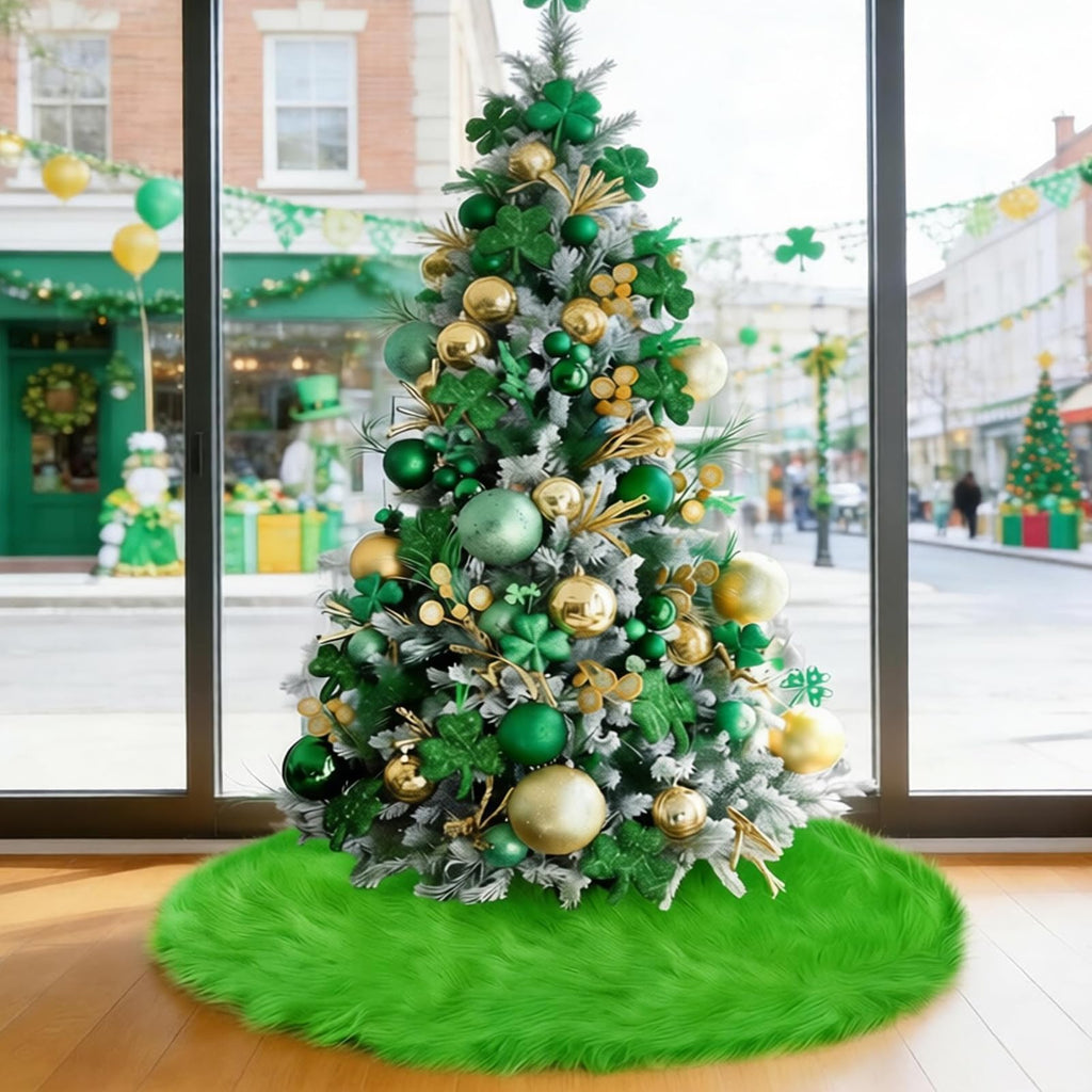 yuboo Spring Green Tree Skirt 48 inch, Large Fluffy Faux Fur Tree Skirt Decorations Ornaments for Artificial Trees 6-7.5 Ft, Furry Tree Rug Home Decor