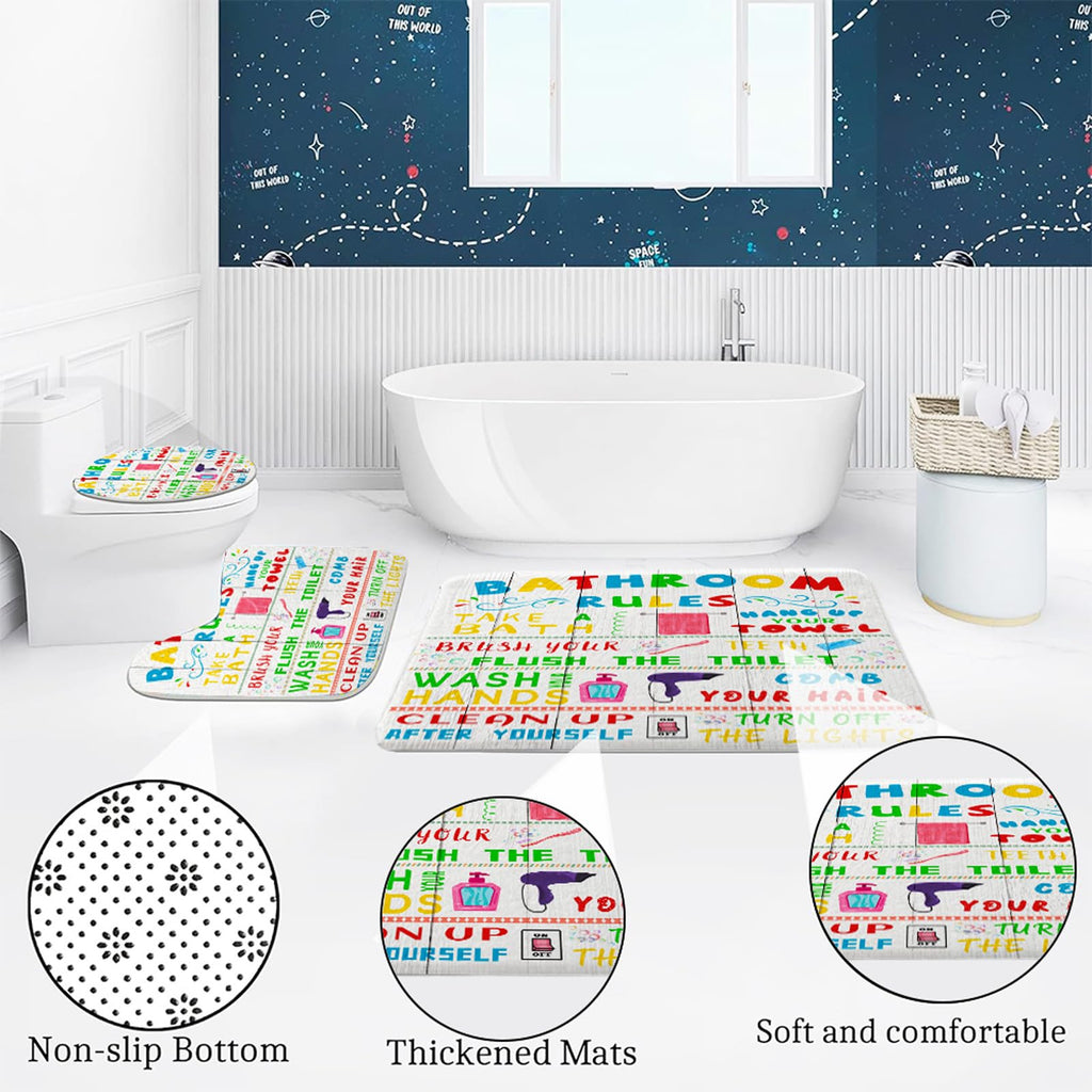 4 Pcs Kids Shower Curtain Sets, Funny Teen Boy Girl Bathroom Sets with Non-Slip Rugs and Accessories, Cute Colorful Bathroom Rules Fabric Toilet Lid Cover and Bath Mat, Shower Curtain with 12 Hooks.