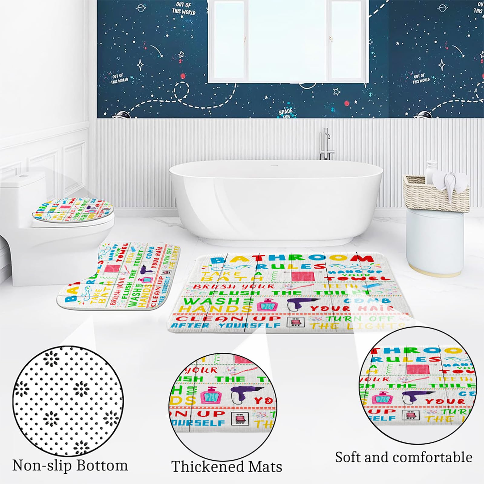 4 Pcs Kids Shower Curtain Sets, Funny Teen Boy Girl Bathroom Sets with Non-Slip Rugs and Accessories, Cute Colorful Bathroom Rules Fabric Toilet Lid Cover and Bath Mat, Shower Curtain with 12 Hooks.