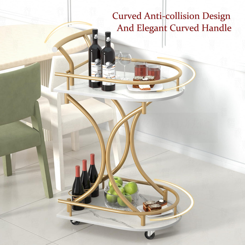 Maiproo Bar Cart with Wheels Handle Rolling Home Bar Serving Carts 2 Tier Curved Anti-Collision Storage Small Trolley with Wine Rack and Glass Holder for Kitchen Dining Room Living Room Gold