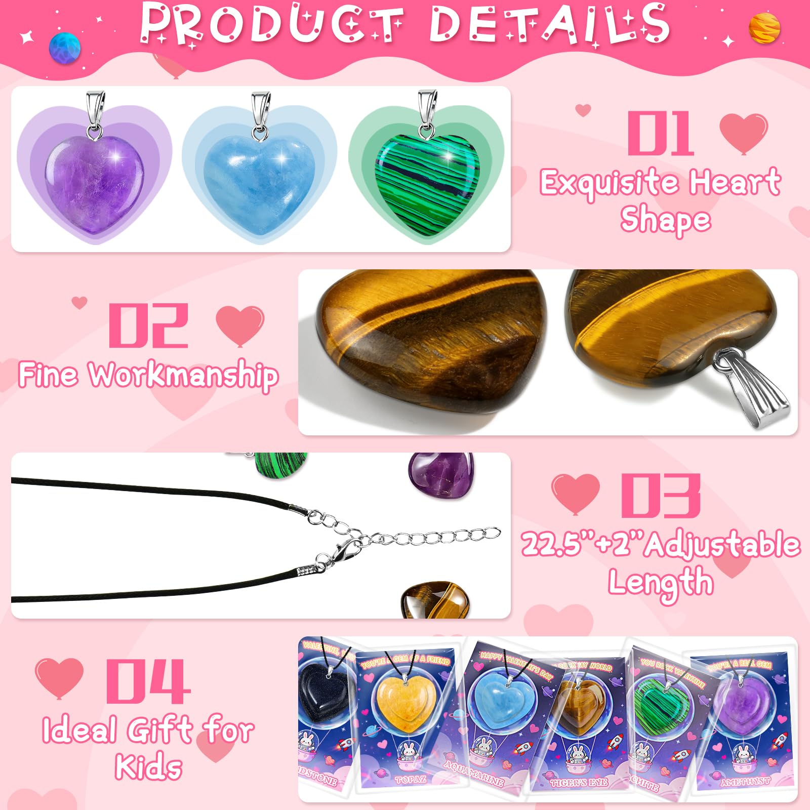 Valentines Day Cards for Kids School with Heart Gemstone Necklaces, Valentines Exchange Gifts Bulk with 24-Pack Unique Gemstone Heart Crystals, Classroom Valentine Party Favors with Goody Bag