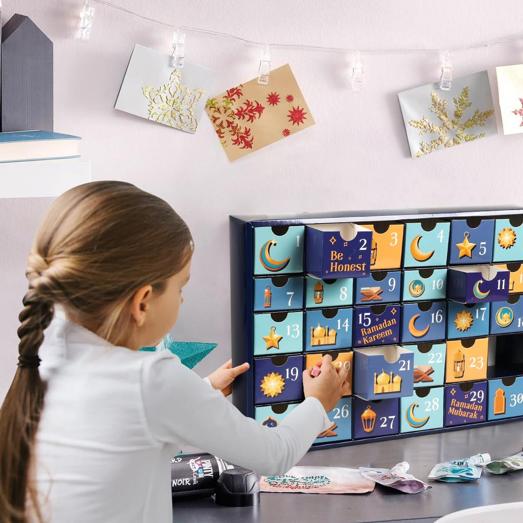 MOVINPE Ramdan Calendar with Drawers 2026 Ramadan Gifts for Kids, 30 Pre-Assembled Empty Boxes Eid Mubarak Coutdown Calendar Fillable Islamic Art Gift Box, Ramadan Party Supplies (Blue)
