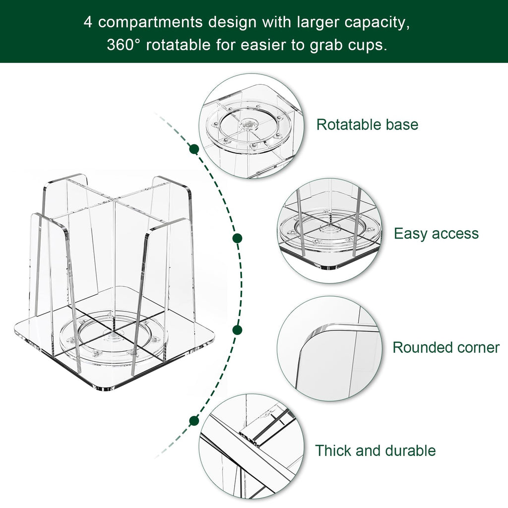 HOUSEDOMO Coffee Cup Organizer for Countertop - Rotating Plastic Cup Holder 4 Compartments Clear Acrylic Cup and Lid Holder for Coffee Bar Restaurant Breakroom Disposable Paper Coffee Cup Dispenser