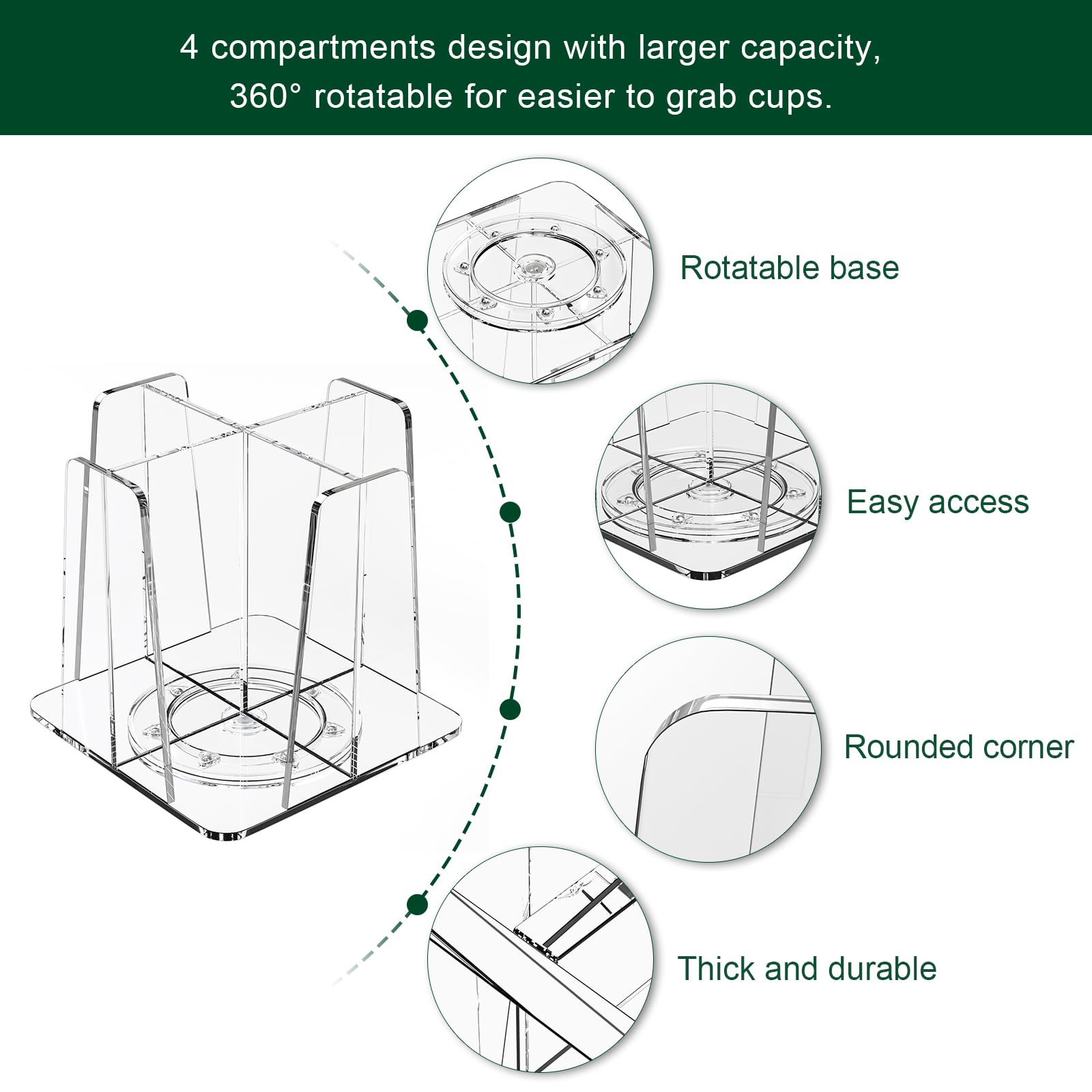 HOUSEDOMO Coffee Cup Organizer for Countertop - Rotating Plastic Cup Holder 4 Compartments Clear Acrylic Cup and Lid Holder for Coffee Bar Restaurant Breakroom Disposable Paper Coffee Cup Dispenser