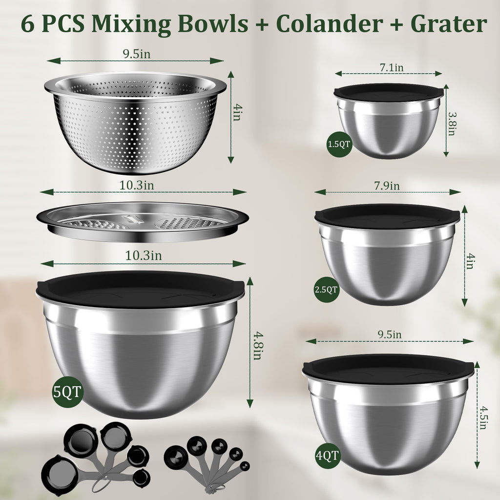 Nicdiet Mixing Bowls with Lids Set, 16PCS Stainless Steel Mixing Bowls,Nesting Storage Bowls for Kitchen with Mixing Bowl, Colander, Strainer & Grater, Metal Salad Bowl for Kitchen Gadgets, Black